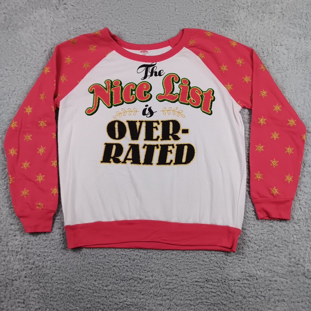 Holiday Time Sweatshirt Nice List Overrated Junior 11-13 Red White Snowflake